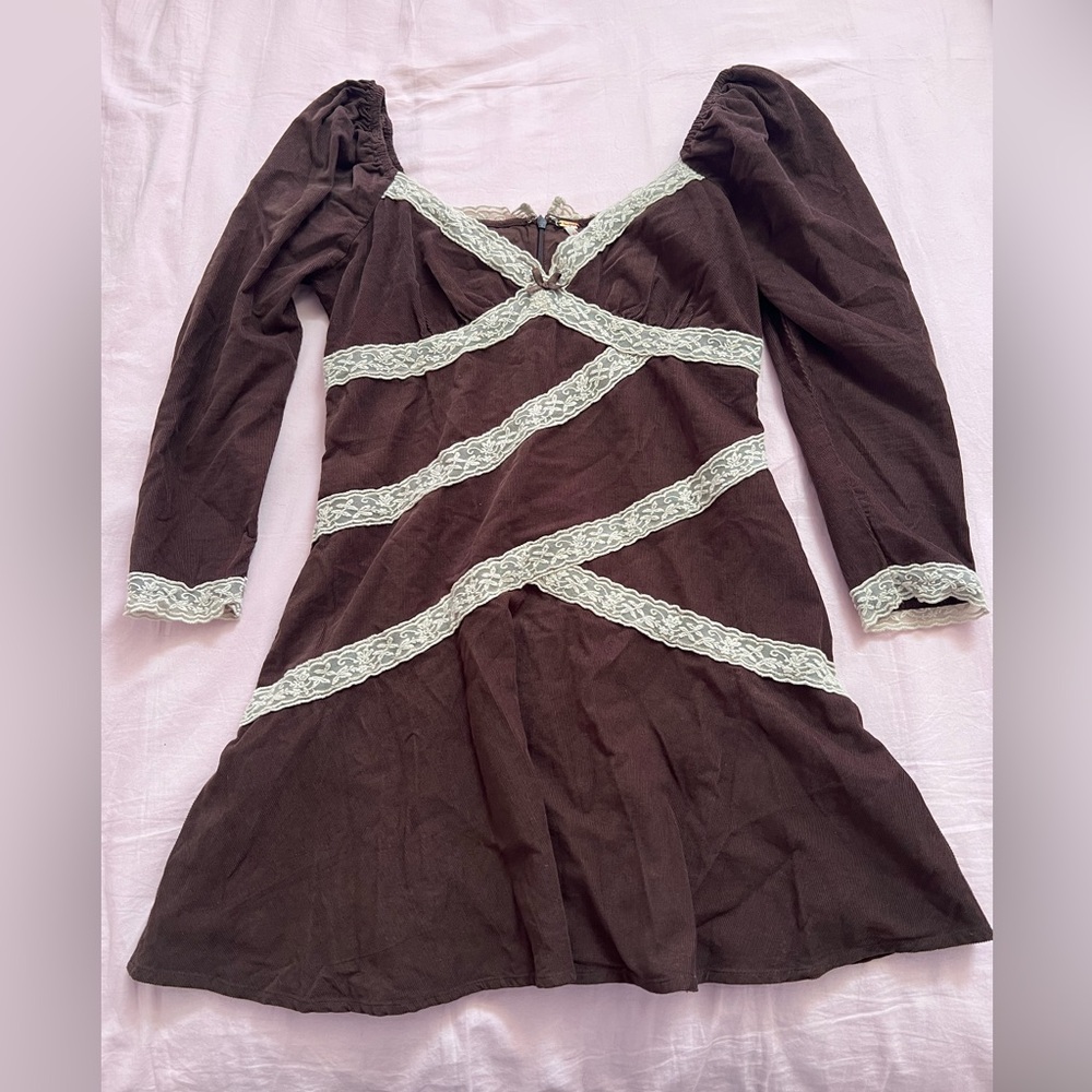 Free People Brown Bow Mini Dress with Cream Lace